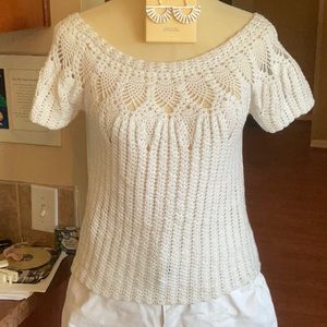 Hand Knit White Crochet Blouse Size S, Preowned